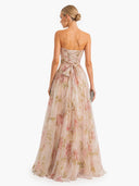 Elegant Strapless Floral Print Chiffon Maxi Dress