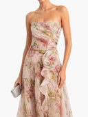 Elegant Strapless Floral Print Chiffon Maxi Dress