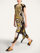 Retro Geometric Print Fringe Trim Asymmetrical Midi Dress