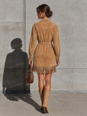 Retro Suede Fringe Belted Shirt Mini Dress