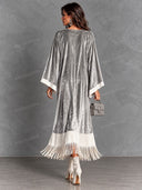 Contrast Fringe Velvet V-Neck Kaftan Midi Dress