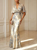 Elegant Floral  Flutter Sleeve Mermaid Maxi Dress