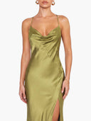 Elegant Green Draped Neckline Maxi Dress