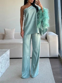 One Shoulder Feather Trim Top & Wide Leg Pants Set