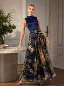 Elegant High Neck Satin Floral Chiffon Maxi Dress