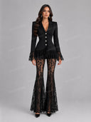 Elegant Lace Trim Blazer Top & Flared Lace Pants Two-Piece Set
