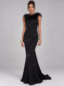Elegant Feather Trim Mermaid Evening Maxi Dress