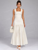 Elegant Faux Leather Ruffle Hem Maxi Dress