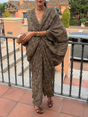 Retro Floral Print Ruched Batwing Sleeve Maxi Dress