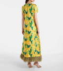 Lemon Blossom Print Feather Hem Midi Dress