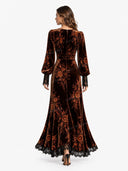 Retro Floral Velvet Lace Trim Maxi Dress