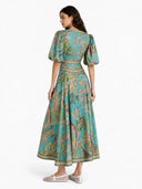 Unique Satin Vintage Floral Print Puff Sleeve Midi Dress