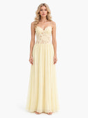 Elegant Yellow Lace Spaghetti Strap Floral Appliqué Maxi Dress
