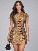 Retro Jacquard Frog Button Mini Dress