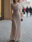 Elegant Draped Mock Neck Pleated Chiffon Maxi Dress