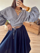 Elegant Reversible Plaid Crop Top & Asymmetrical Midi Skirt Two-Piece Set