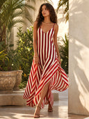 Exquisite Color-Block Striped Asymmetric Maxi Dress