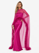 Elegant Feather Trim Chiffon Shawl Black Satin Maxi Dress
