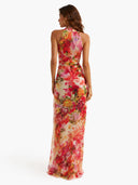 Fashion Floral Chiffon Halter Sleeveless A-Line Maxi Dress
