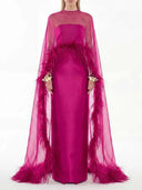Elegant Feather Trim Chiffon Shawl Black Satin Maxi Dress