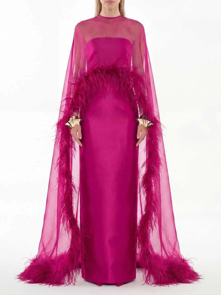Elegant Feather Trim Chiffon Shawl Black Satin Maxi Dress
