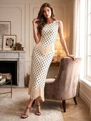 Elegant Polka Dot Fringed Asymmetrical Skirt Two-Piece Set