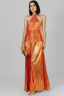 Elegant Metallic Pleated Halter Neck Maxi Dress