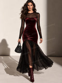 Velvet Mesh Polka Dot Long Sleeve Maxi Dress
