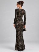 Sexy Floral Lace Plunge Neck Long Sleeve Maxi Dress