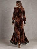 Retro Floral Velvet Lace Trim Maxi Dress