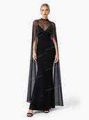 Sexy Black V-neck Sleeveless Sheer Fit Shawl-Style Spaghetti Strap Maxi Dress