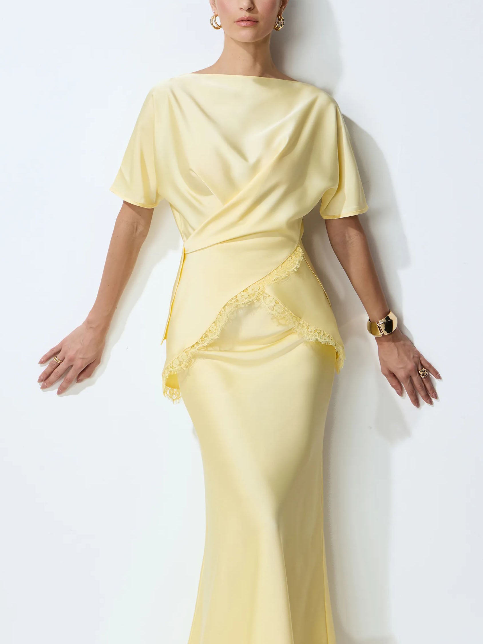 Elegant Draped Satin Lace-Trim Top Two-Piece Set
