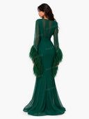 Elegant V-Neck Feather Cuff Chiffon Flowing Party Maxi Dress