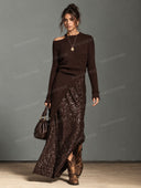 Elegant Off Shoulder Knit Top & Sequin Maxi Skirt Set