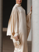 Elegant Satin Batwing Sleeve Kaftan Maxi Dress