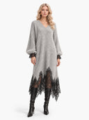 Lace Trim V-Neck Sweater Maxi Dress