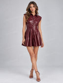 Faux Leather Button Front Shirt Mini Dress