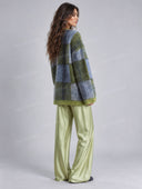 Casual Fuzzy Plaid Cardigan & Satin Wide Leg Pants Two Piece Set
