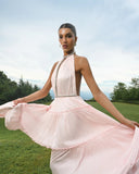 Rhinestone Halter Neck Tiered Pleated Shiny Maxi Dress