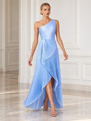 Elegant One-Shoulder Pleated Asymmetrical High-Slit Maxi Dress