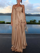 Elegant Satin Ruched Strapless Maxi Dress