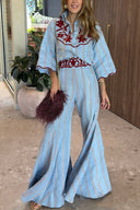 Embroidered Stripe Shirt & Flared Pants Two-Piece Set