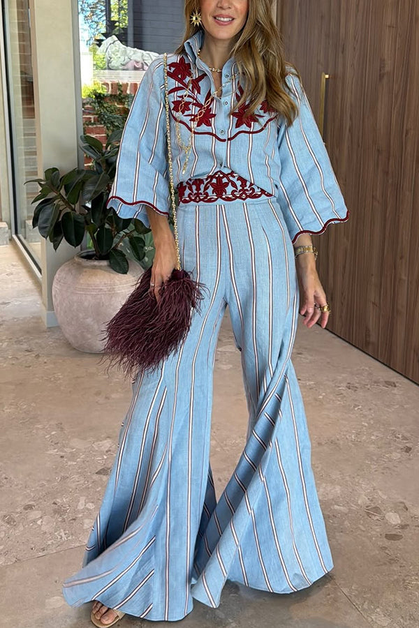 Embroidered Stripe Shirt & Flared Pants Two-Piece Set