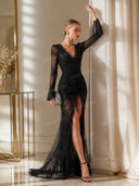 Charming Sheer Tulle Lace High Slit Maxi Dress