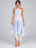 Elegant Convertible Lace Trim Halter Maxi Dress