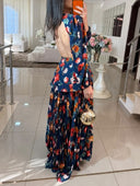 Elegant Navy Floral Print Cutout Maxi Dress