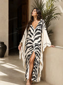Elegant Zebra Print V-Neck Kaftan Maxi Dress