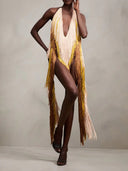 Elegant Gradient Tassel Halter Neck Deep-V Mini Dress