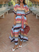 Casual Striped Self-Tie Waist Shirt Midi Dress