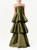 Elegant Strapless Tiered Ruffle Satin Maxi Dress